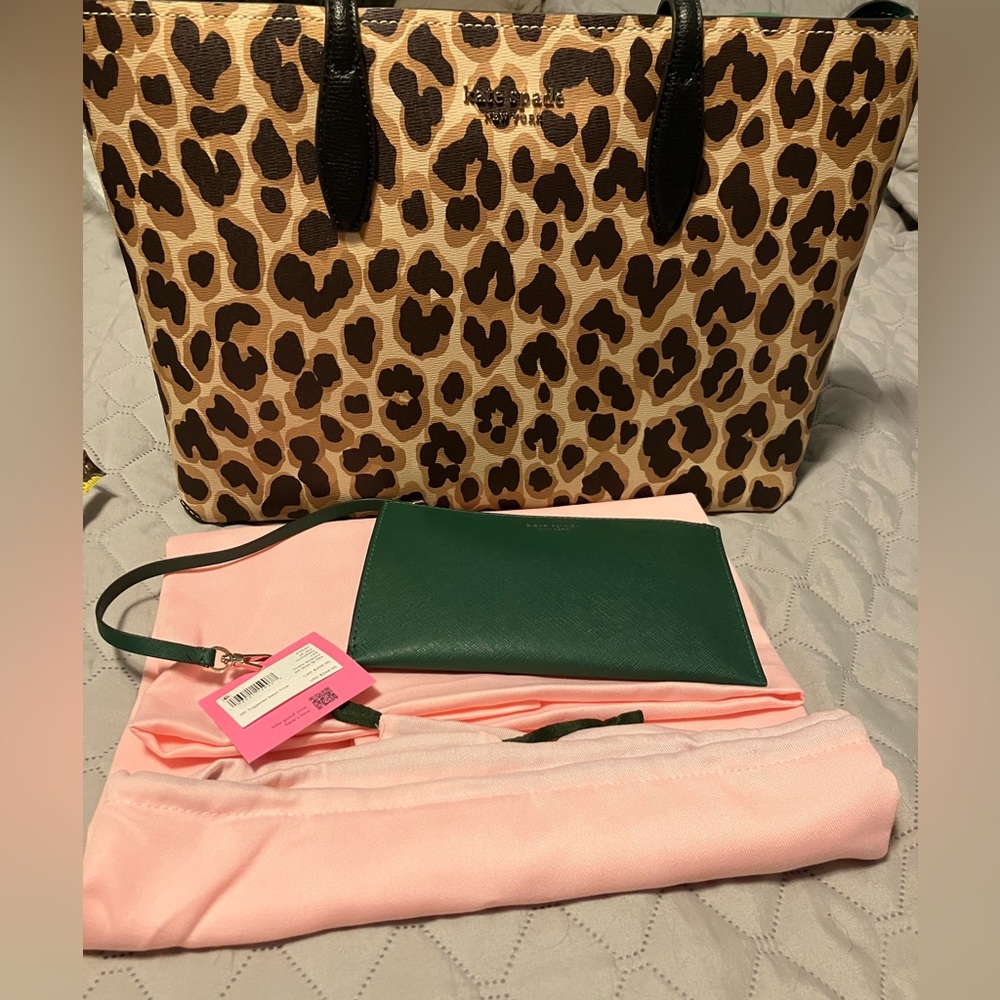 Kate Spade leopard purse with green zip wallet.